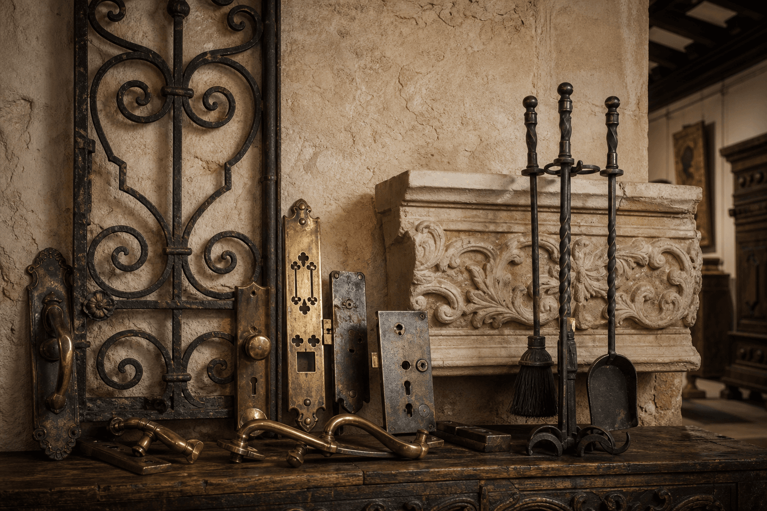 Historic limestone courtyard with antique architectural elements